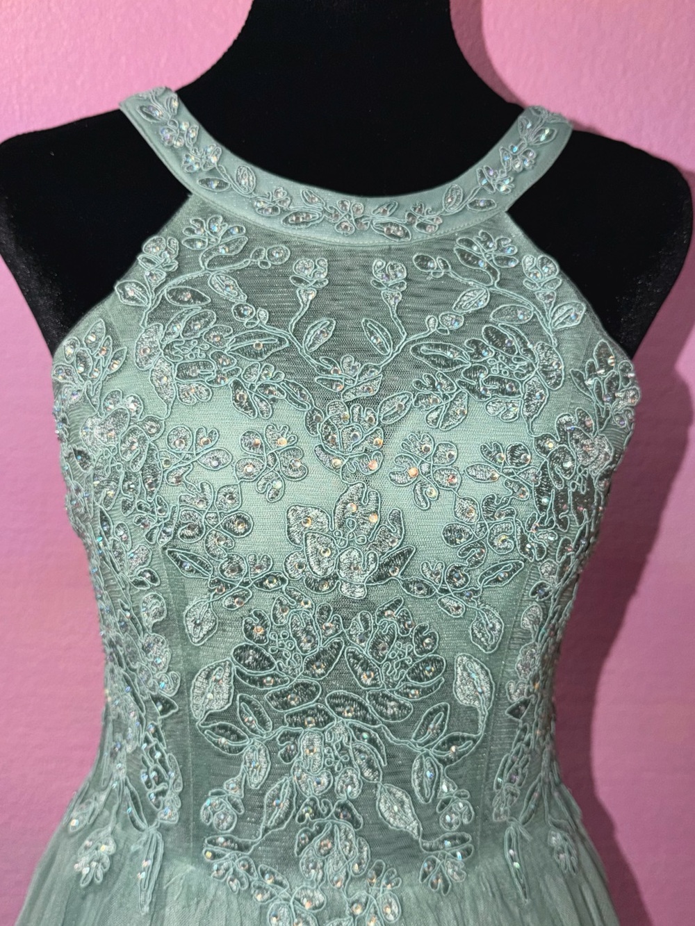Embellished Sage Green Halter Evening Glam Dress.